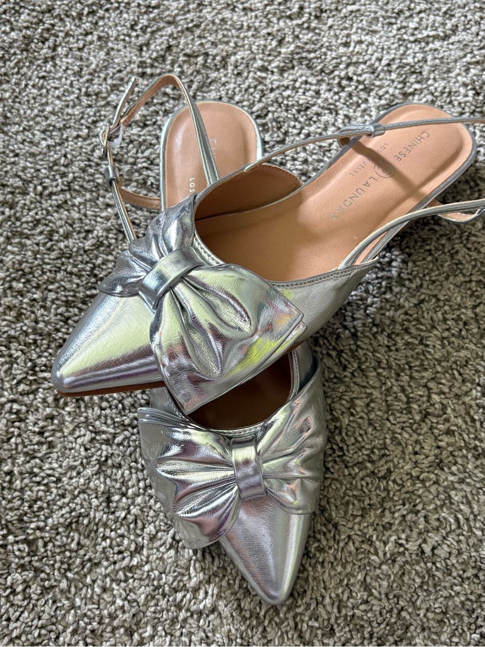 Chinese Laundry Metallic Silver Pointed Bow Slingback Flats